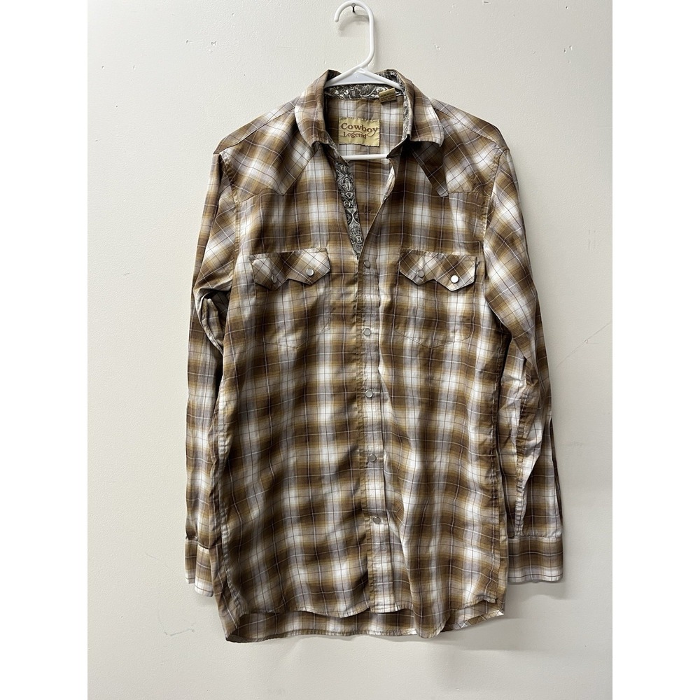 Cowboy Legend Men's Pearl Snap Shirt Medium Brown Plaid Contrast Cuffs Rodeo
